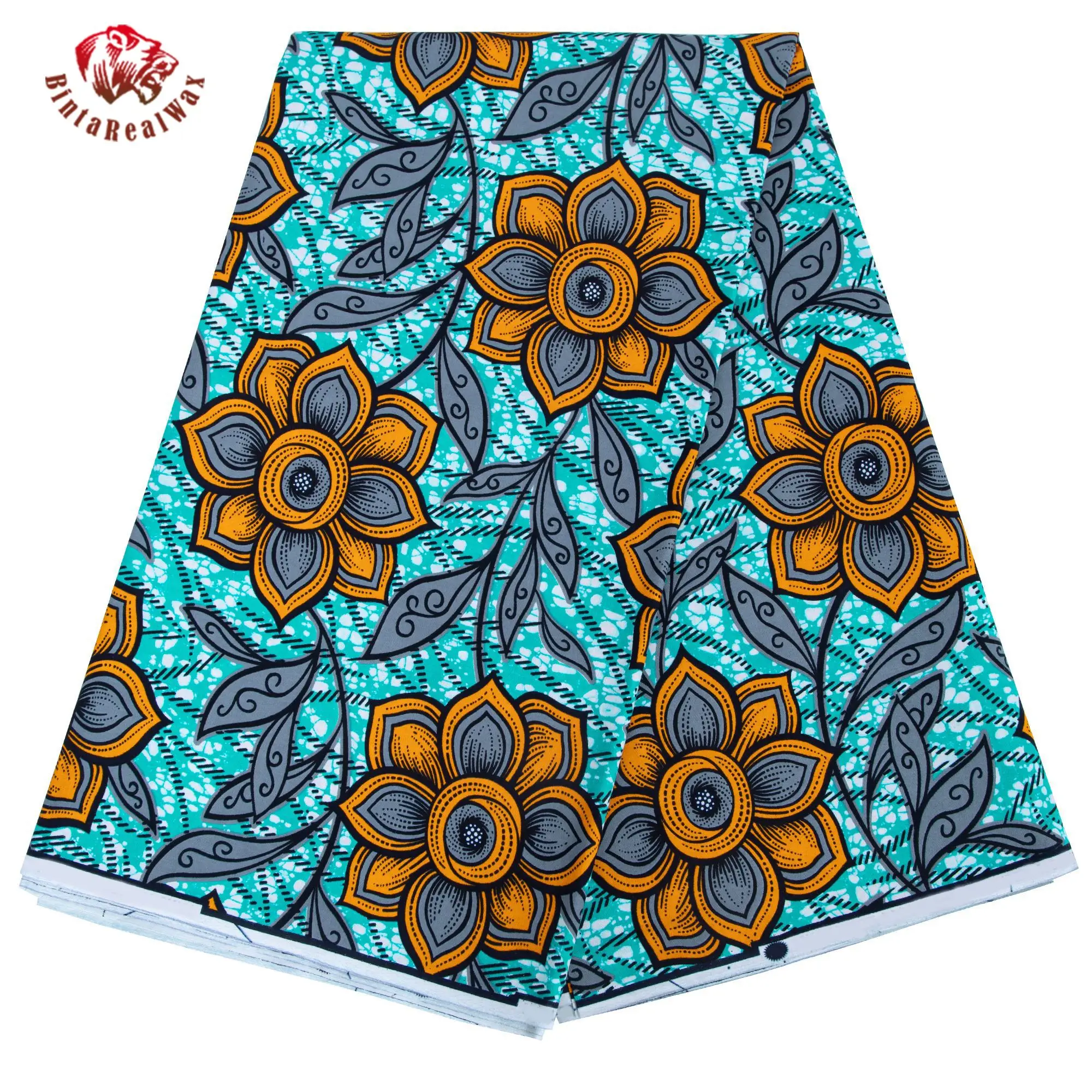 

African Wax Print Fabric Turquoise Orange Floral Batik Cotton Ankara Cloth for Dress Skirt DIY Sewing 24FS1617