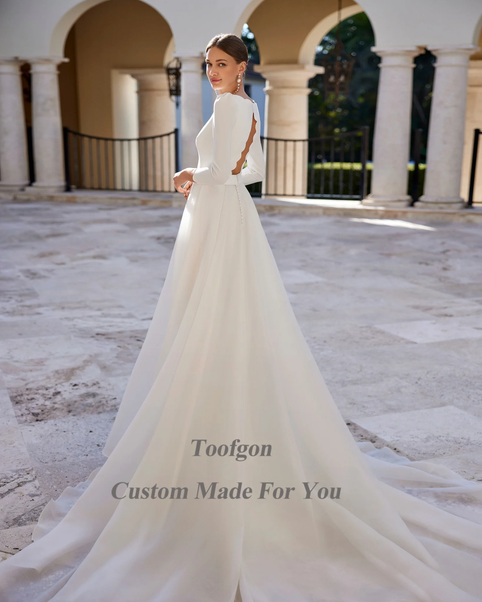 Toofgon avorio Organza maniche lunghe abiti da sposa bottoni indietro donne abiti da sposa abiti da sposa da festa formale vestido de novia