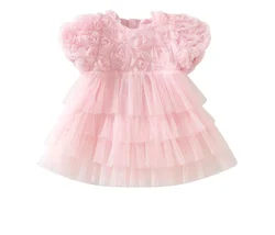 Retail New Baby Summer Girls Pink Floral Tutu Flower Dress, Princess Kids Elegant Party  Dress 1-5T