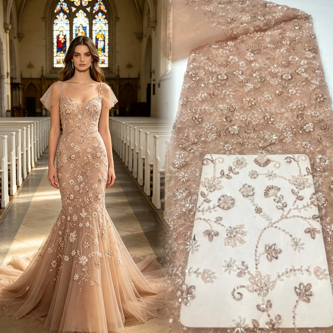 

5Yards African Sequins Beaded Groom Lace Fabric High Quality French Tulle 2026 Embroidery Nigerian Style Wedding Dress Material