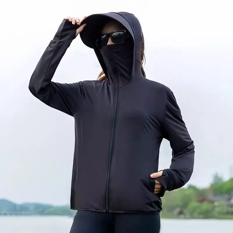 Outdoor Women's UV Protection Clothing Summer Ice Silk Hat Fishing Sunscreen Suit Loose Style Zipper Closure Long Sleeve Coat