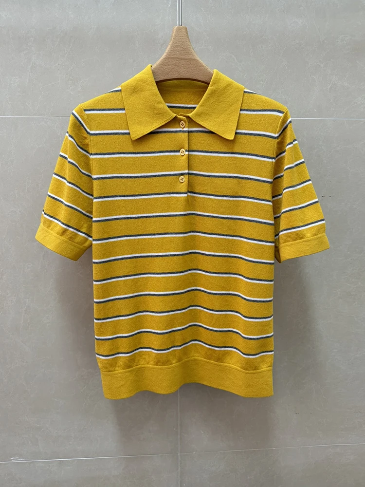 

Весенне-летние модные домашние полосатые вязаные повседневные пуловеры для женщин с отложным воротником и коротким рукавом на пуговицах