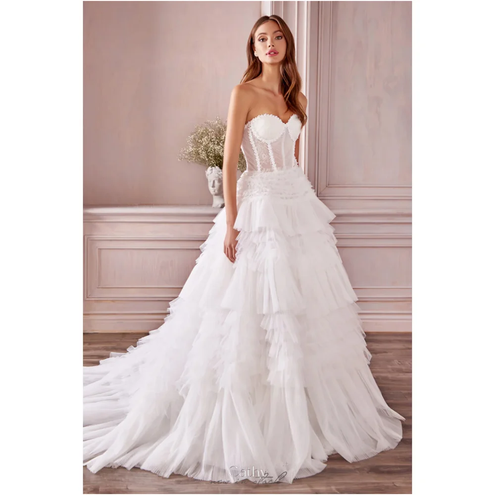 Cathy Princess abito da sposa in Tulle bianco senza spalline a-line senza maniche vestidos de noiva abito da sera multistrato lungo fino al pavimento