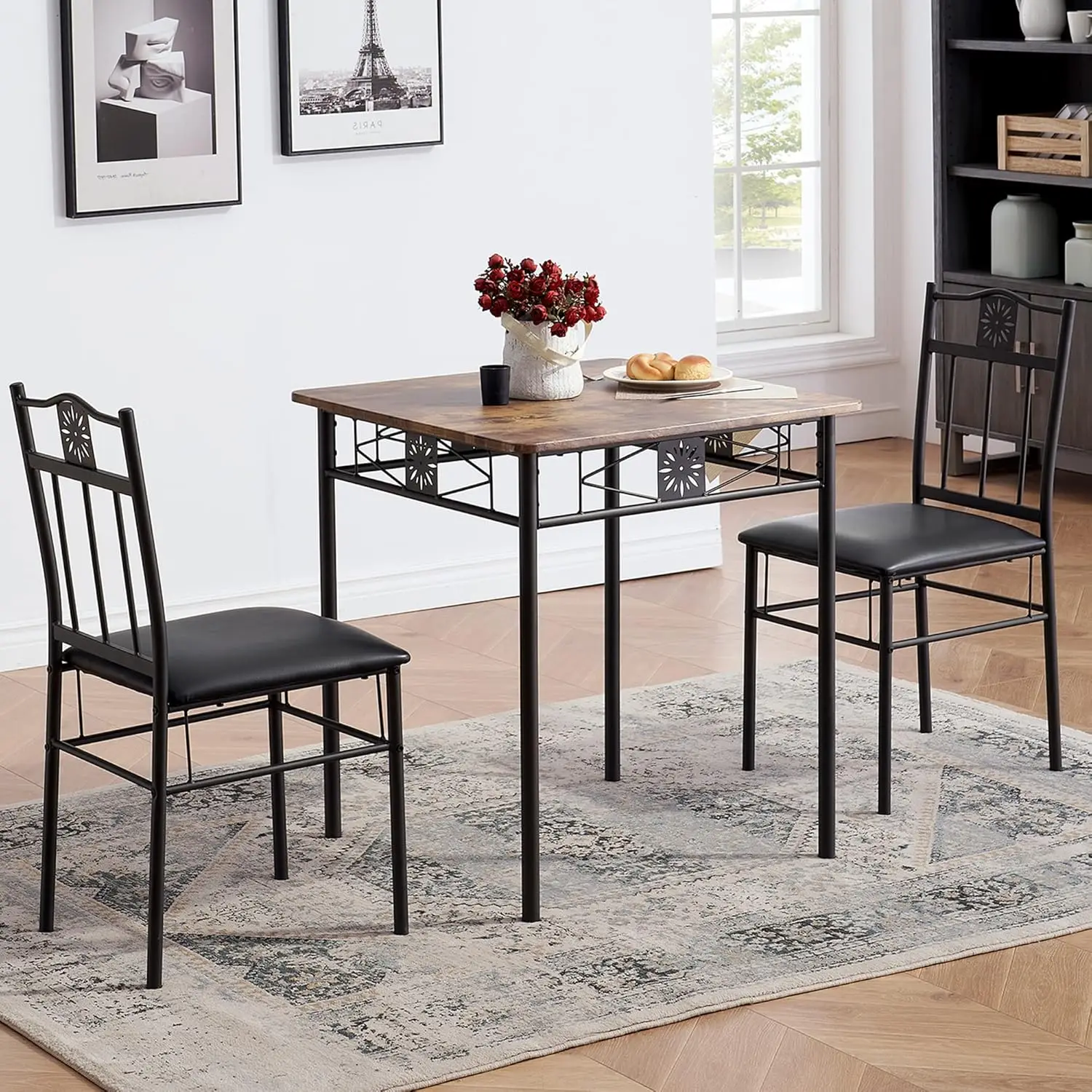 Small Dining Table Set For 2, 3 Piece Kitchen Bar Dinette Square, With Pu Padded Chairs, Retro-Brown