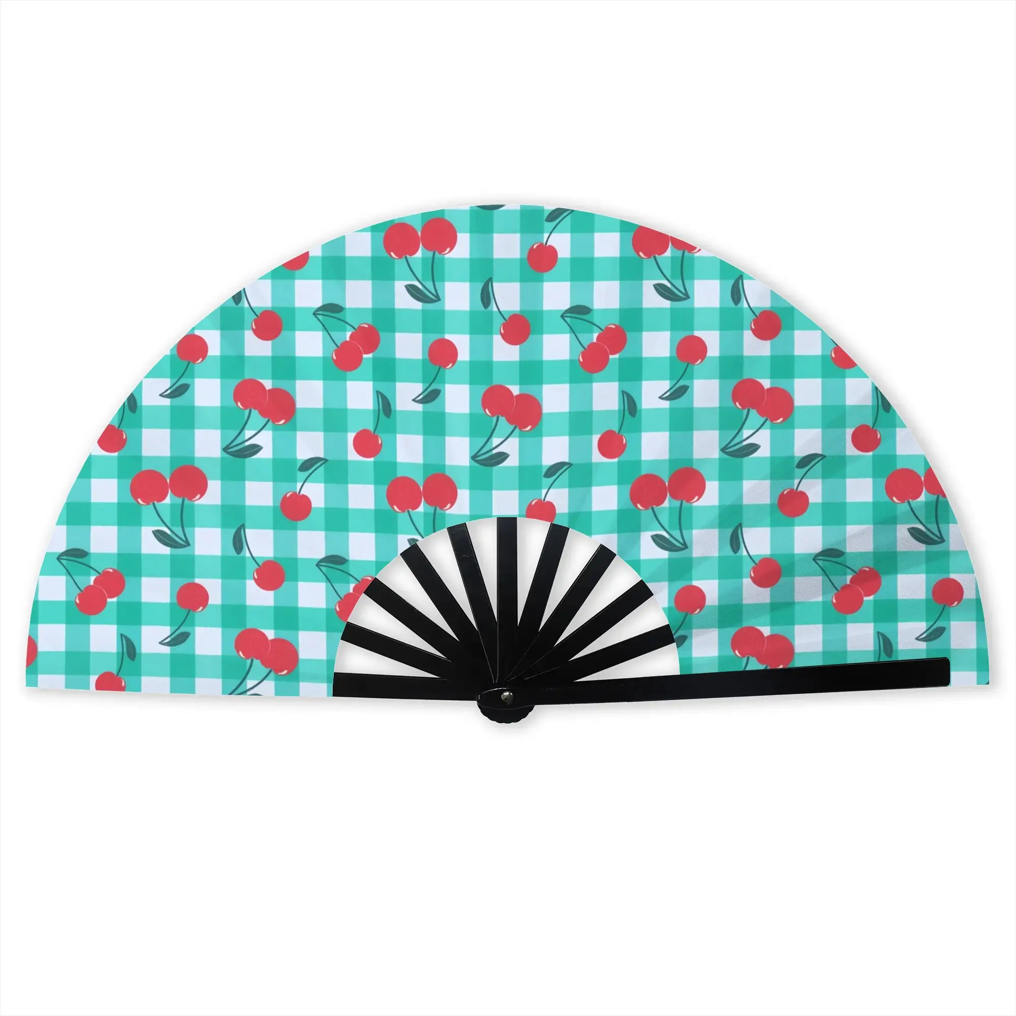 Cherry Gingham Summer Turquoise Portable Pocket Fan Travel  Folding Fan Chinese Dance Cooling Handheld Fans