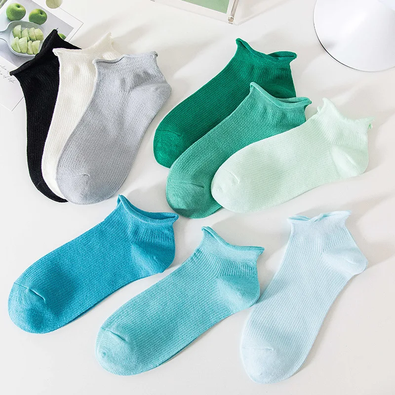 

3 Pairs Women Rolled Edge Loose Socks Spring Summer New High Quality Solid Color Simple Thin Women Short Confinement Socks