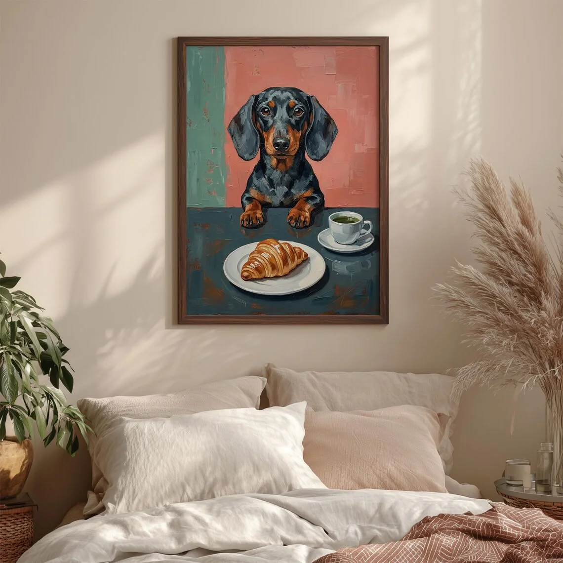 Chic Café Dachshund Wall Art - Playful Print Celebrating Morning Luxury. The Retro Color Block Backdrop and Flaky Croissant Crea
