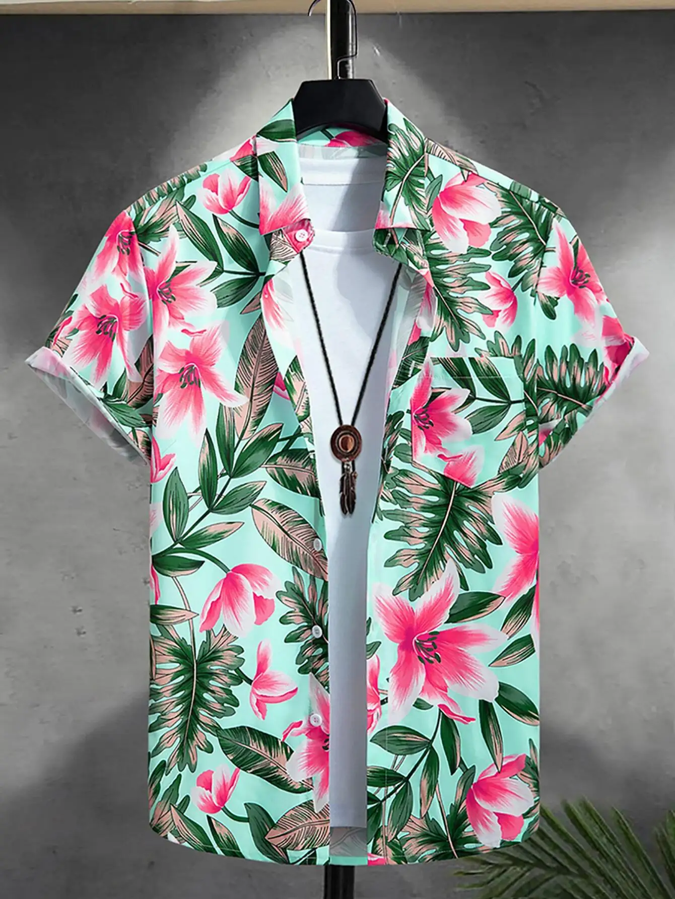 

Men's Short Sleeve Tropical Floral Print Casual Shirt, Mint Green with Pink Flowers