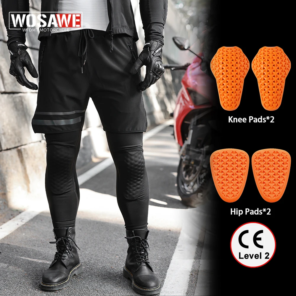 

WOSAWE CE Motorcycle Pants Men Women Fake Two Piece Pants Fitness Running Fishing Pants Reflective Casual Quick Dry Leggings