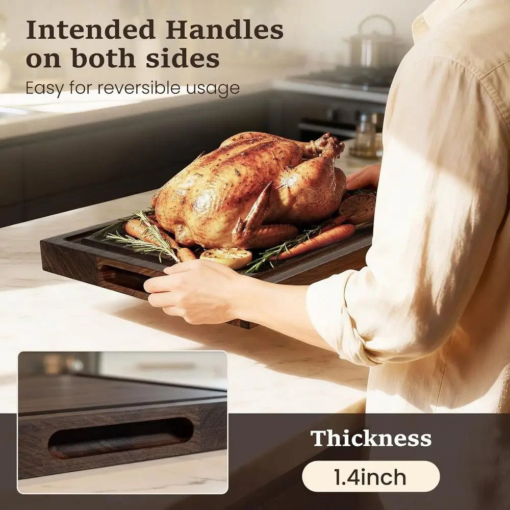 16.5x11.8 Inch Heavy-Duty Walnut Wood Cutting Board with Handle and Built-In Juice Groove & Well