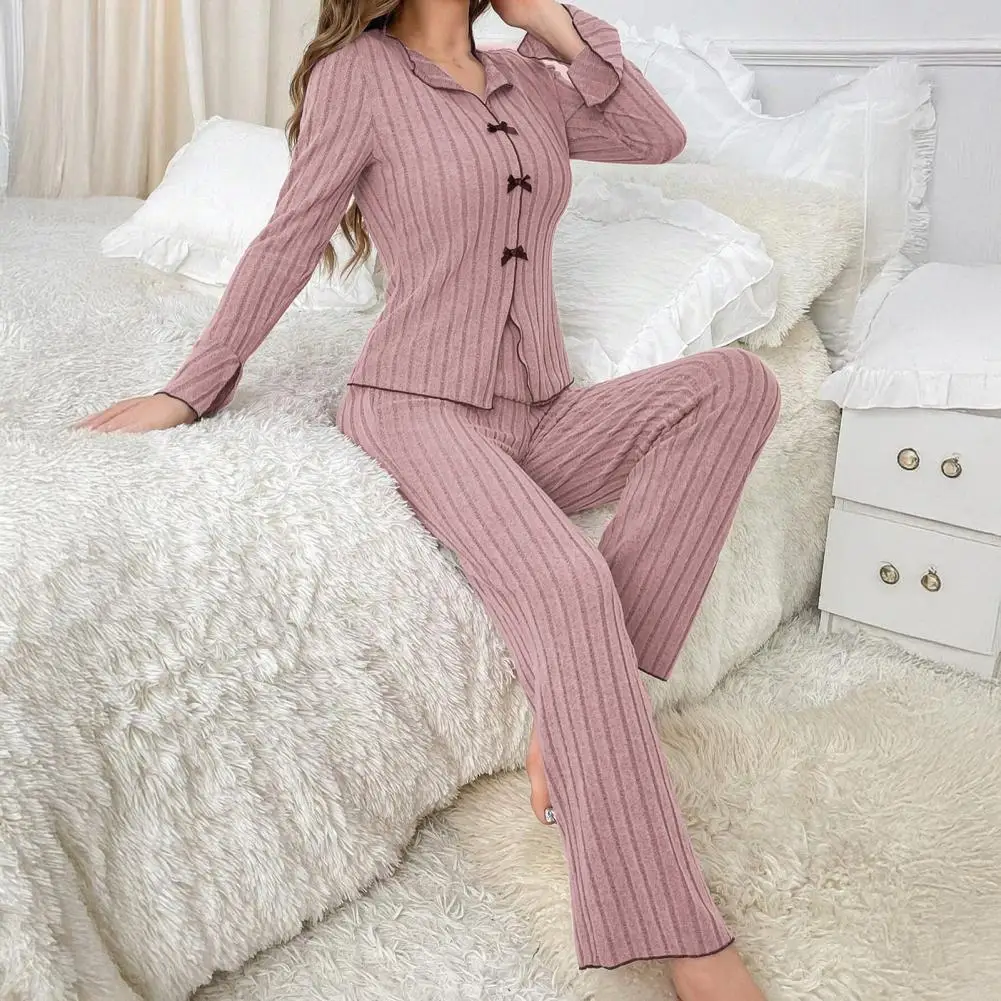 

Comfortable Home Clothes Cozy Women's Long-sleeve Pajama Set with Bow Detail Matching Pants Soft Sleepwear for Fall for Women