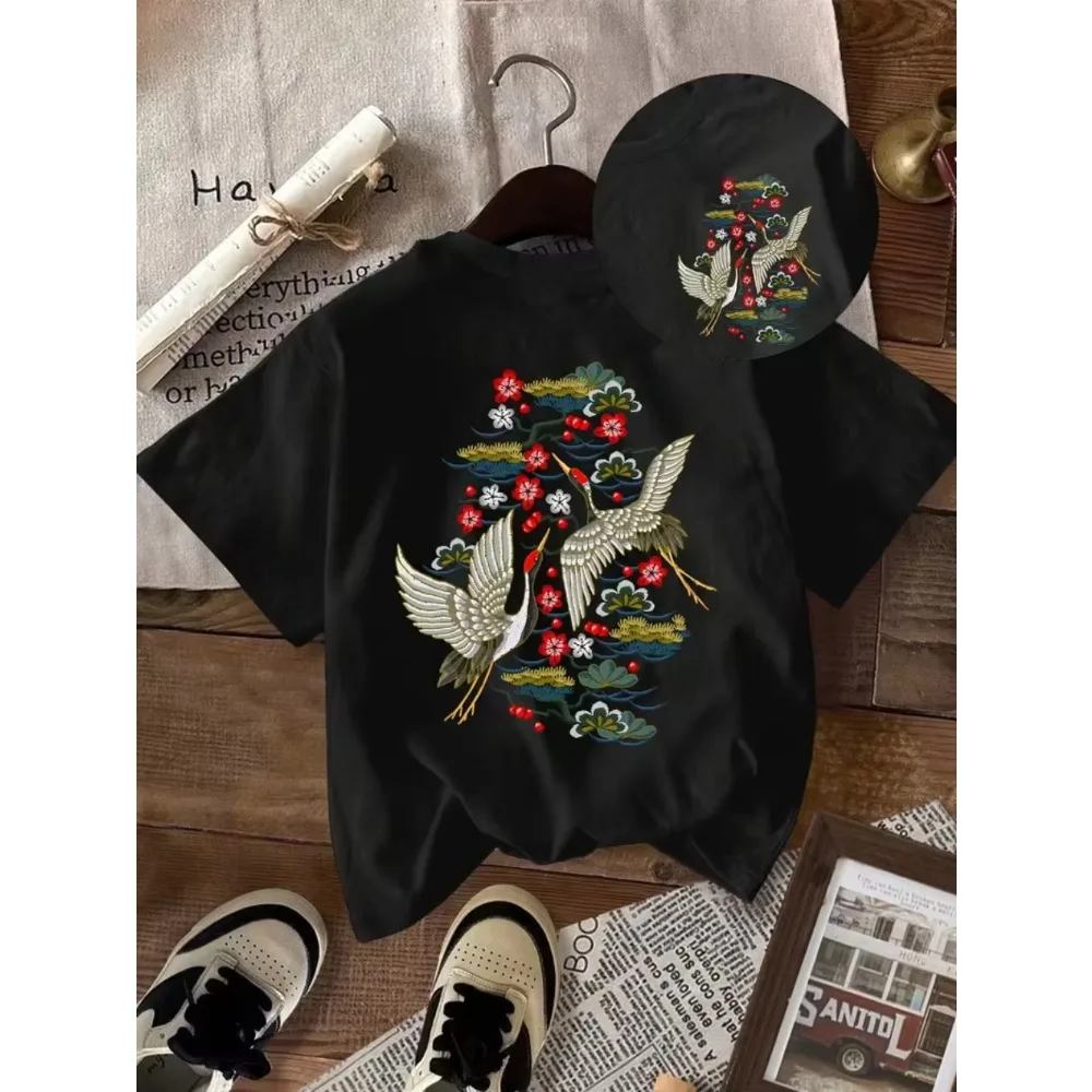 Crane and Cherry Blossom Print T-shirt Short-sleeved Round-neck Casual Top Spring and Summer Men's Women's Clothing Ladies' Tops