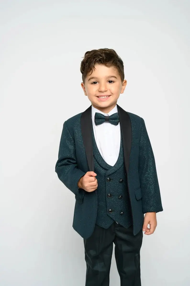 Costume de soirée à paillettes vert foncé pour garçon, 3 pièces, Tuxedos de dîner, pour fête de mariage, anniversaire