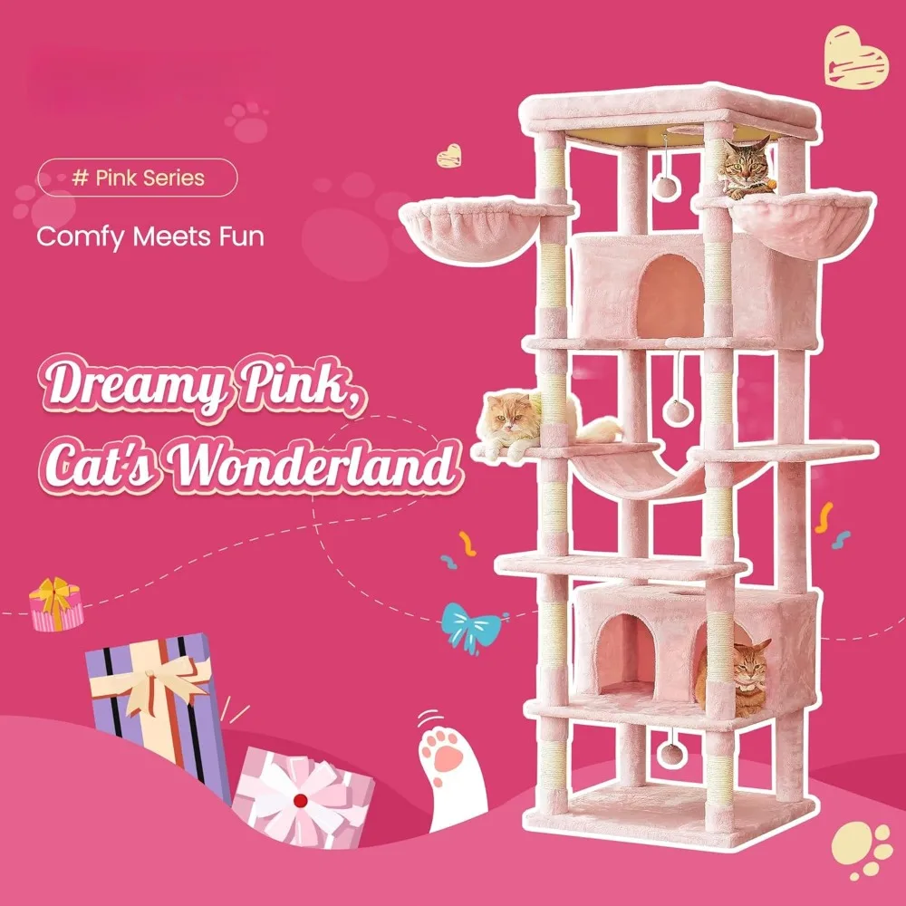 Extra Large Cat Tree, 77.6-Inch Tall Cat Tower for Indoor Cats with 2 Large Condos, Multi-Level Cat Stand with 3 Hammocks