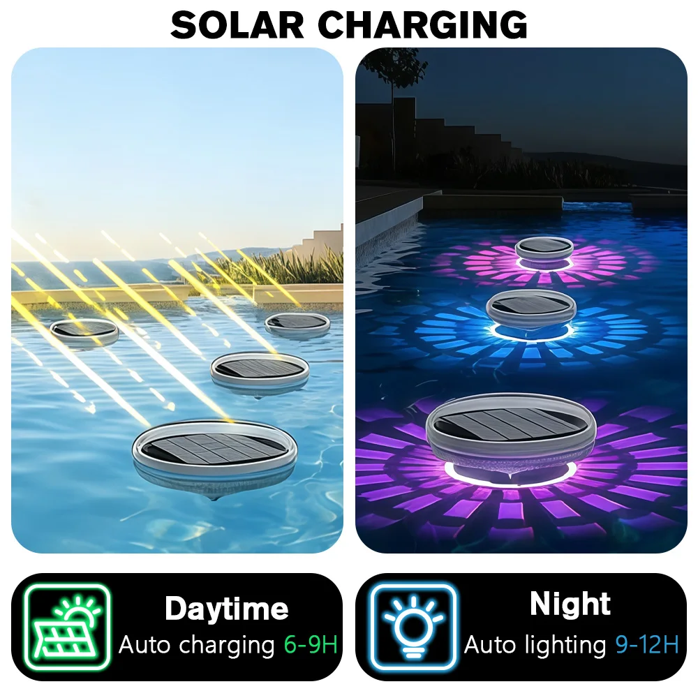 2pcs Solar Floating Pool Lights RGB Remote Control IP67 Waterproof 9 Color Changing Modes 3 Timing Modes for Pool Patio Decor