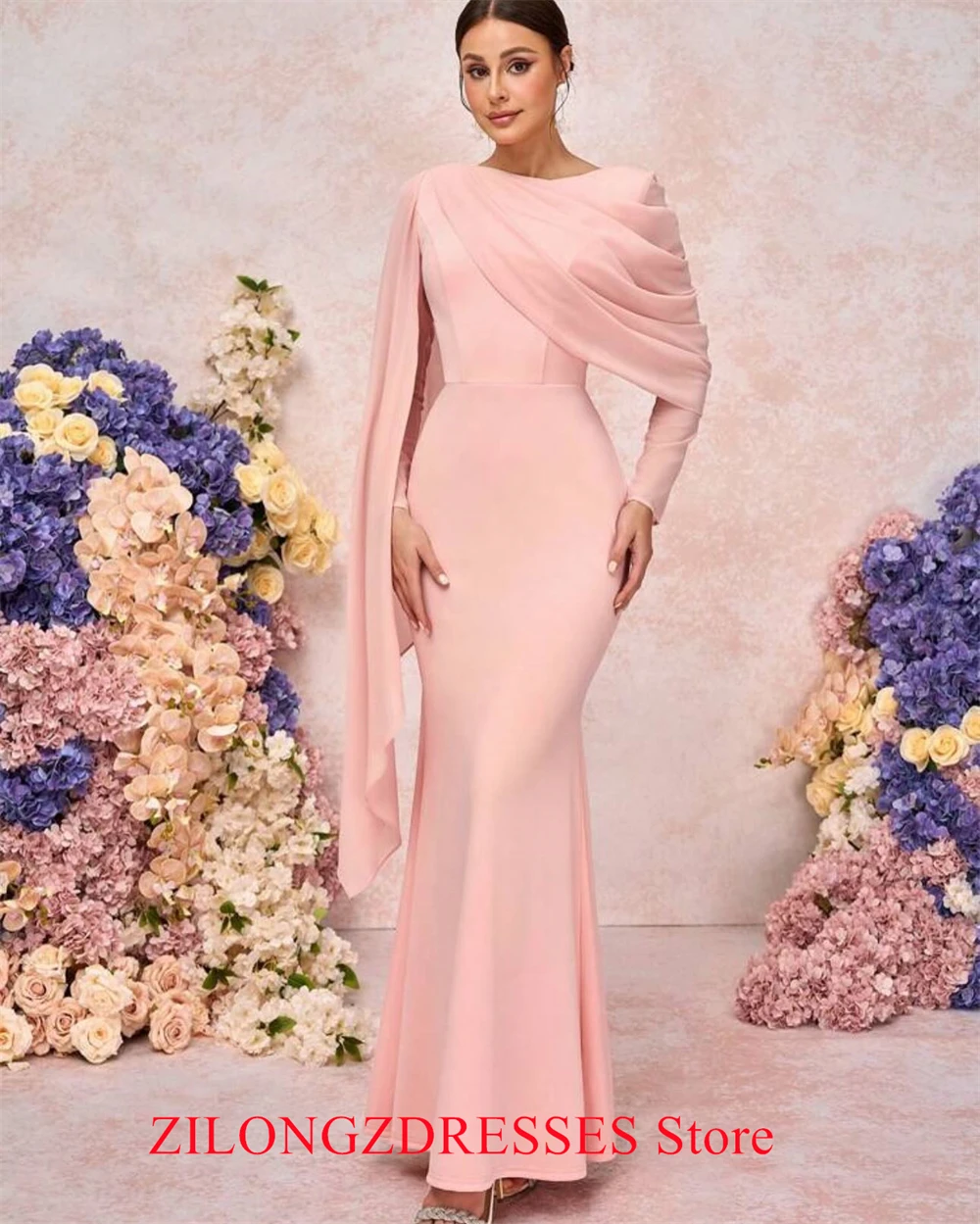 Customized  Mermaid Simple Pink Jersey Evening Dress Elegant Long Sleeves Homecoming Dresses Modern Special Occasion Go image 3