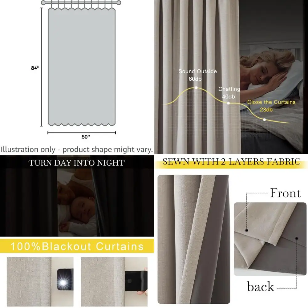 

Шторы блэкаут из 100% льна, длина 84 дюйма, 2 панели, плиссировка «пинч-плисс», затемняющие, звукоизоляционные для спален/гостиных