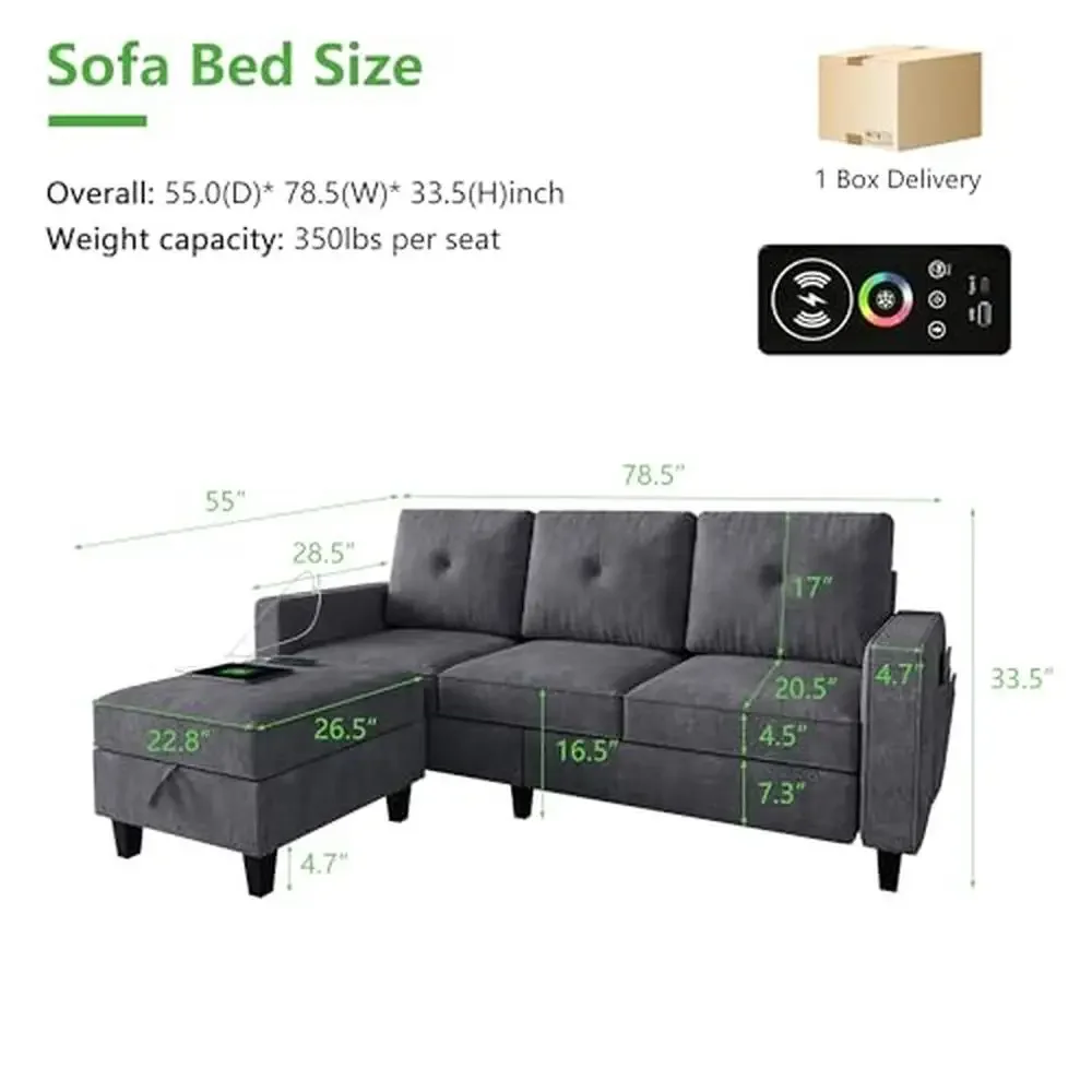 LED Lights Sectional Sofa with Charging Station & Ottoman Storage Premium Linen Fabric & High-Density Sponge Auto-Sensing Mode 3