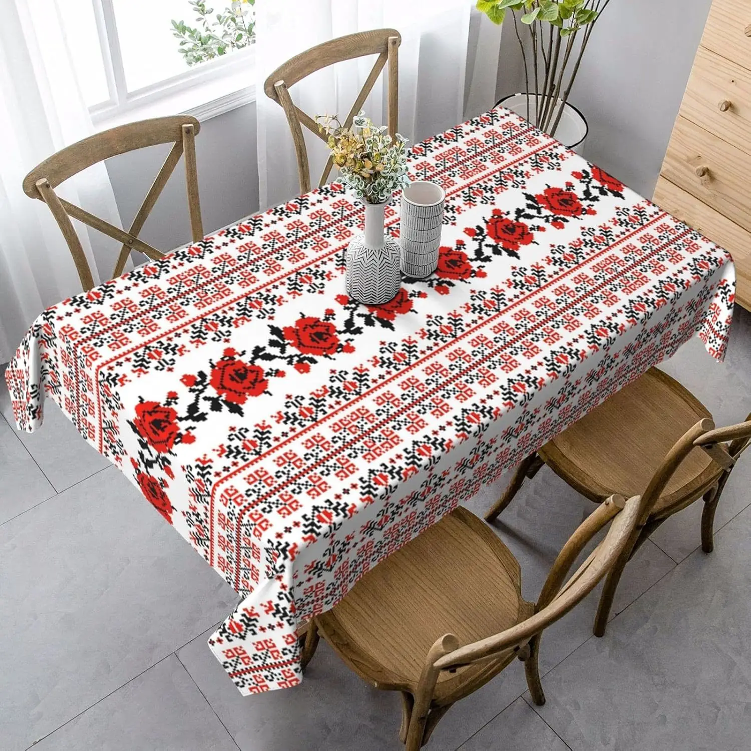 Ukrainian embroidery style rectangular table with rose tablecloth, oil and splash resistant, easy to clean tablecloth