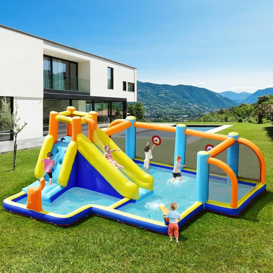 Toboggan aquatique gonflable 8 en 1, maison de rebond, parc aquatique avec buts de football, piscine anti-éclaboussures, mur d'escalade, pistolets à eau, jeu de cible, extérieur