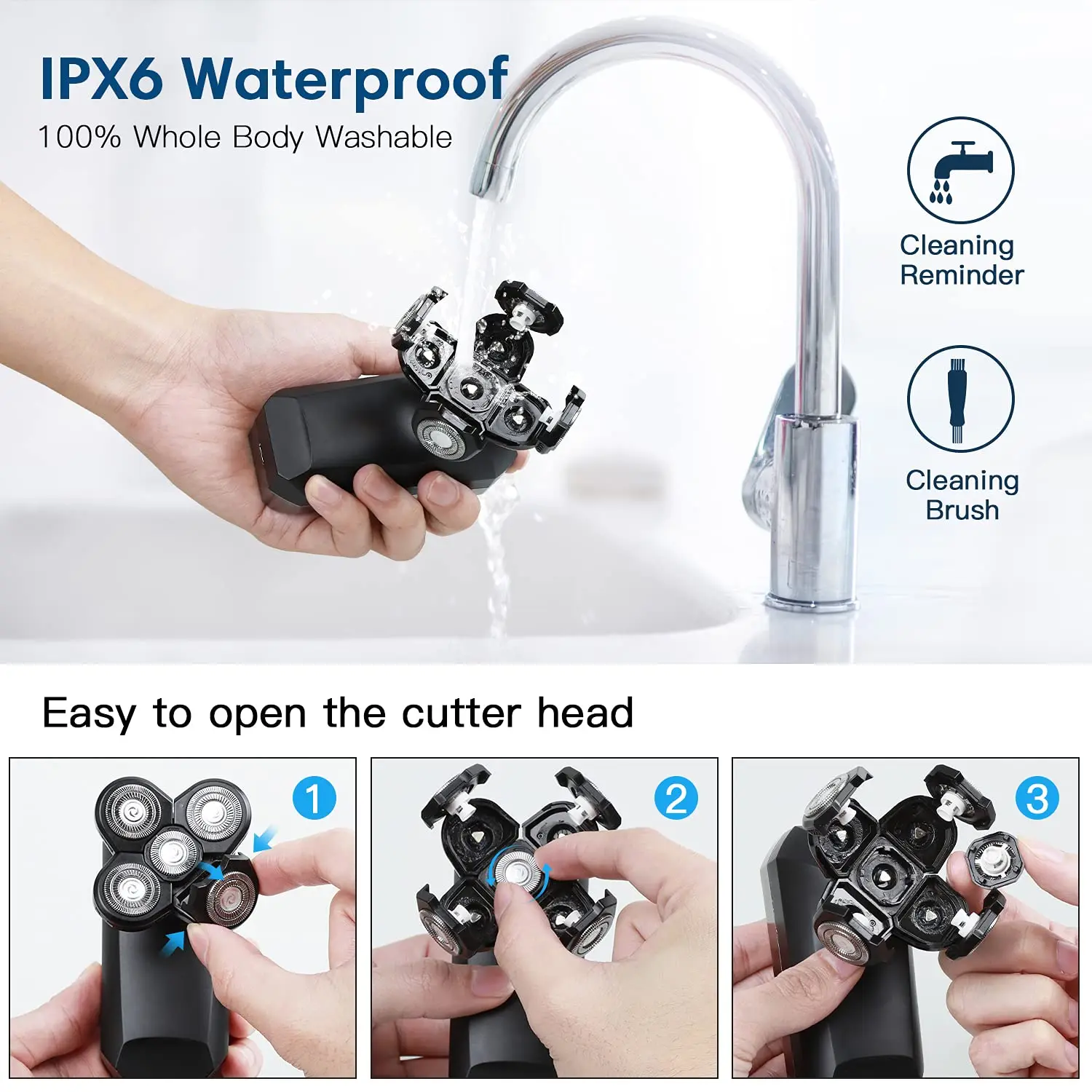 Rasoir électrique Rechargeable à affichage numérique, 6 lames, pour hommes, rasoir pour cheveux, barbe, visage sec et humide