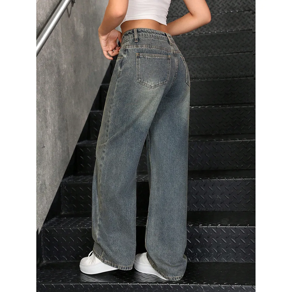 Ladies High Waist Baggy Wide Leg Denim Pants Retro Faded Vintage Blue Loose Streetwear Jeans