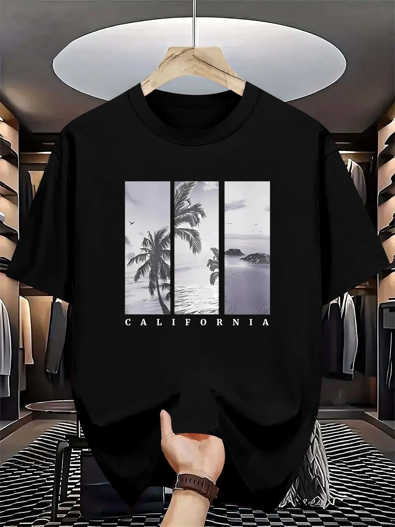 100% pure cotton summer men's casual fashion California style landscape pattern printed loose round neck short sleeved T-shirt