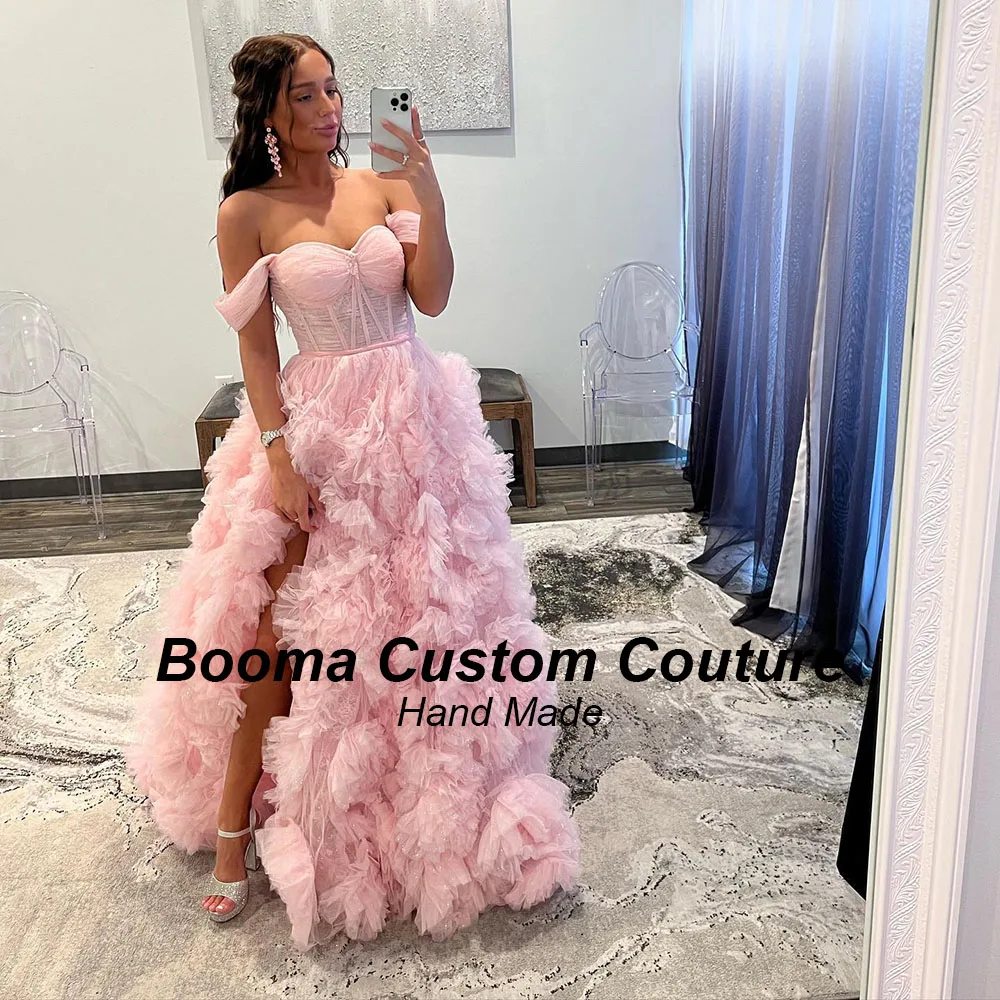 Booma-Robe de Soirée Rose en Tulle Plissée à Plusieurs Niveaux, Fente de Jambe, Une Ligne, Tenue de Bal