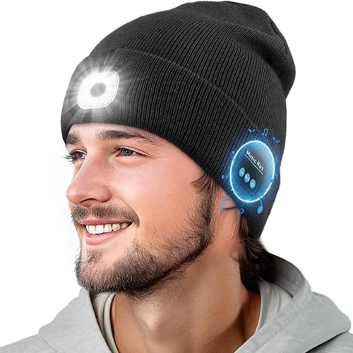 Imagen 1 del producto Run nocturno maratón pesca nocturna Bluetooth luz LED gorro cálido USB recargable música gorro tejido 3 engranajes ajuste de luz tapa