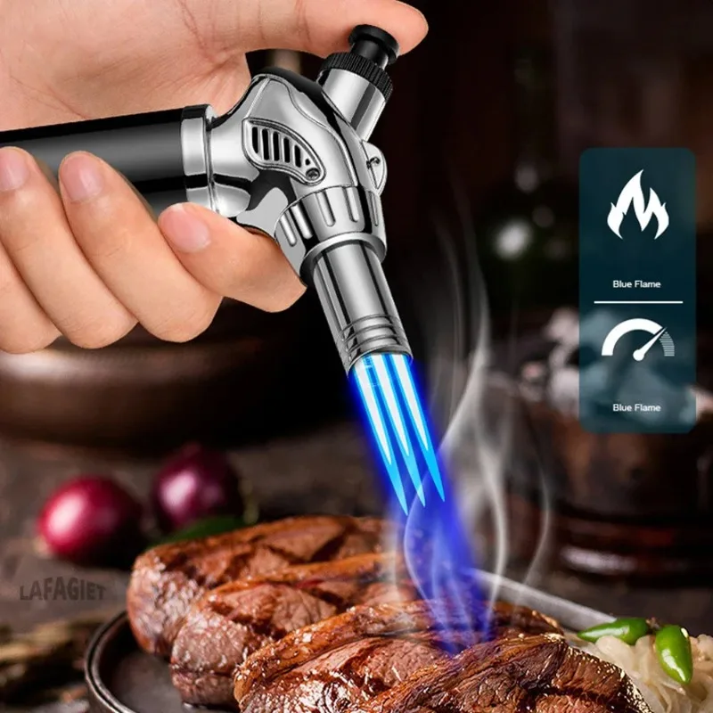 Three Fire Jet Flame Gun 1300°C Welding Torch Windproof Kitchen Cooking BBQ Inflatable Butane Gas Cigar Lighter Outdoor Igniter