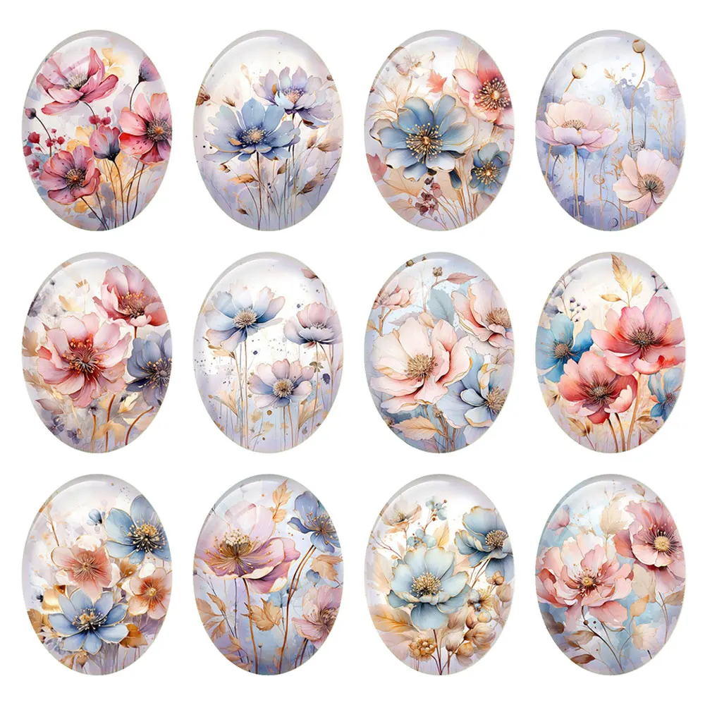 

10pcs/lot Oval Photo Glass Cabochon Pink Blue Flower Flatback Charms Demo Flat Back Cameo For Diy Jewelry Findings Accessories