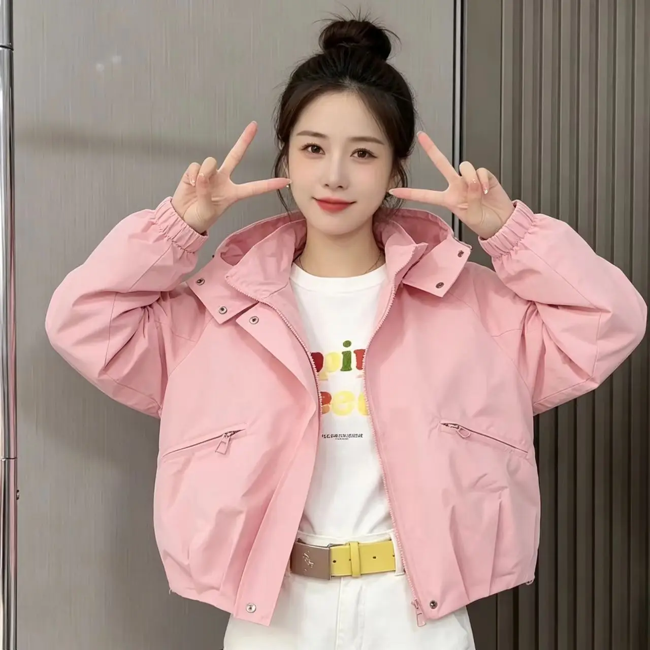High-quality Women's Spring Autumn New Simple Windbreaker　coat Joker Loose Casual Outwear Hooded Short Overwear Female
