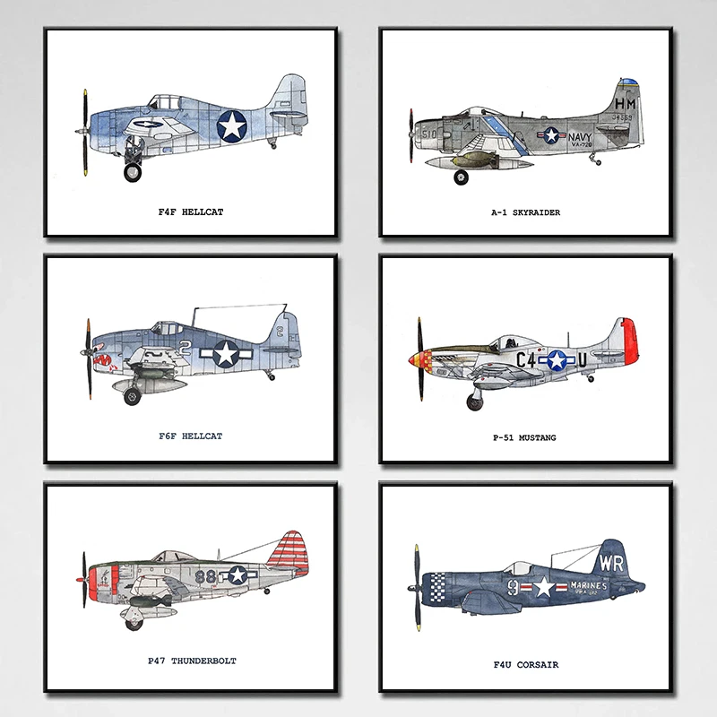 Watercolor Airplane Famous Military Air Force Aircraft Aviation Poster Canvas Painting Wall Art Pictures Home Boy's Room Decor