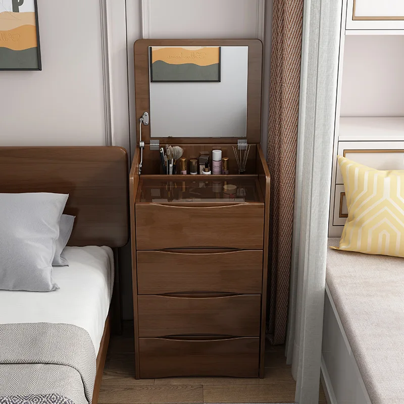 Nordic solid wood vanity vanity with bedside table, multifunctional bedroom headboard mini cover with mirror, four-drawer vanity