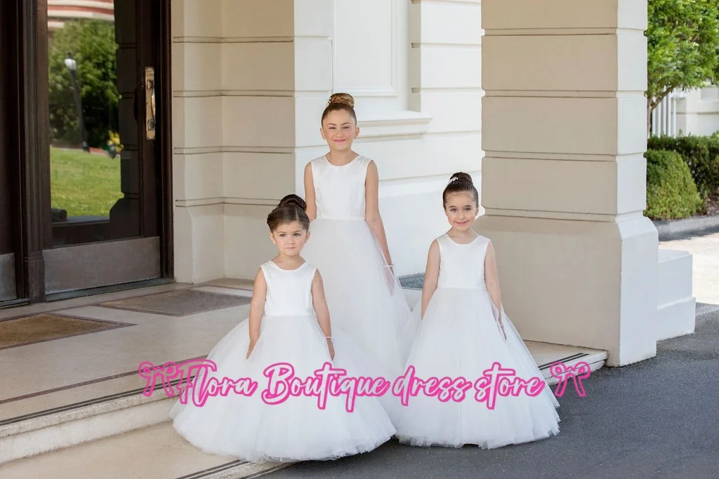 Vestidos de menina de flor sem mangas inchados de tule personalizados para casamento arco vestidos de baile crianças primeira comunhão vestidos festa de aniversário