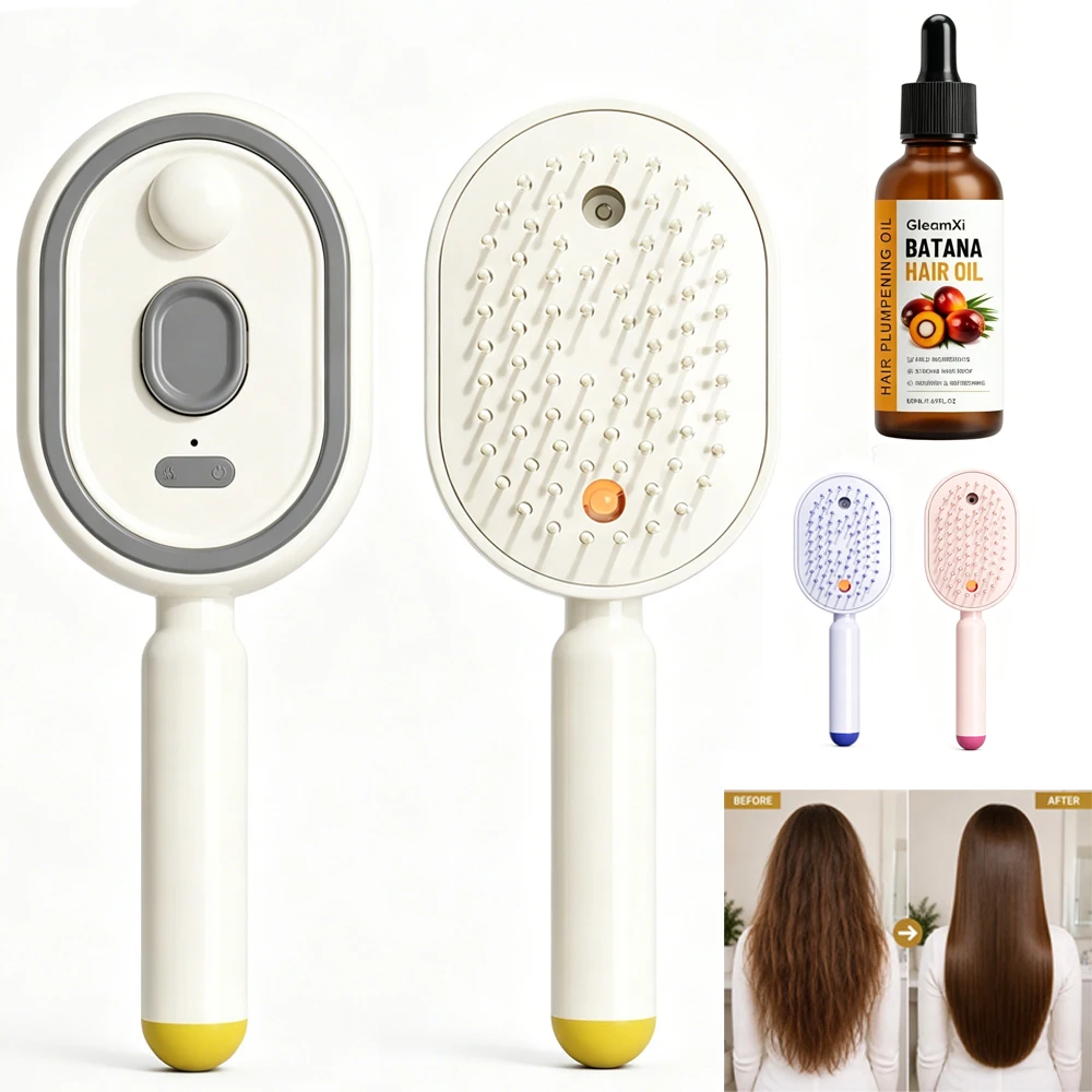 BOTQTOW Elektrische Dampf-Massage-Haarbürste, Wiederaufladbare Entwirrbürste mit Antistatik-Spray für Trockenes Haar, Reduziert Frizz & Pflegt