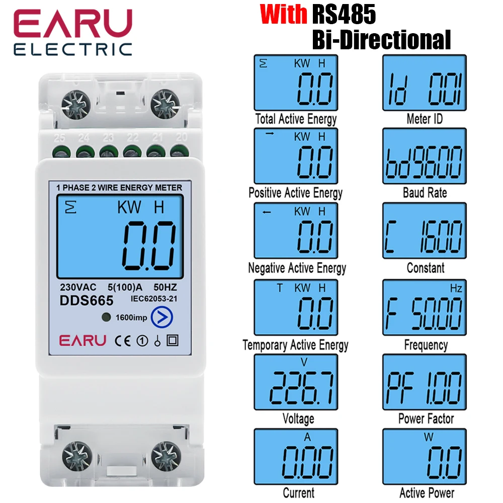 Multifunction 230V 100A Bi-Directional Energy Meter Reset Zero Kwh Solar PV Power Voltage Current Frequency RS485 Communication