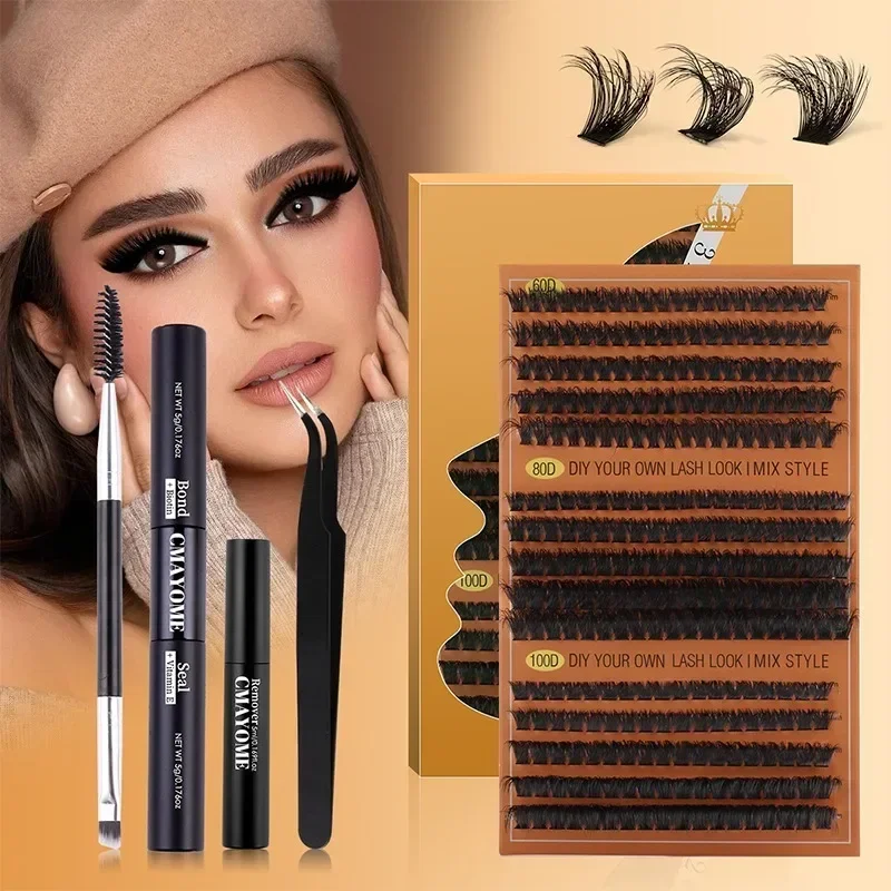 290PCS DIY Eyelash Extension Kit 60D 80D 100D Individual Cluster Lashes Bond and Seal Lash Tools 8-16mm Natural Long Eyelashes