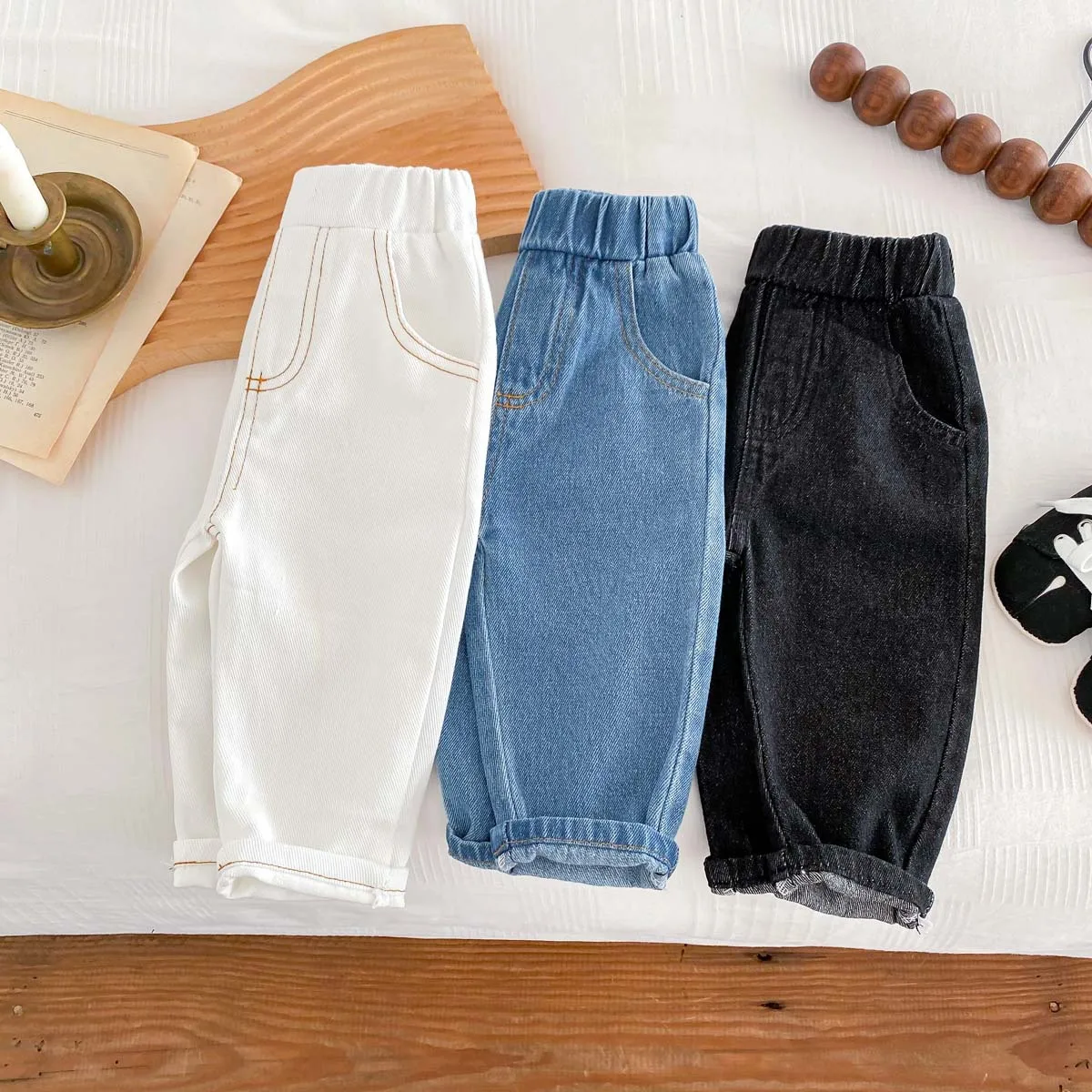 MiniAinis Spring New Baby Toddler Solid Color Jeans Girls Soft Pants Boys Elastic Waist Casual Trousers Kid Pockets Britches image 4