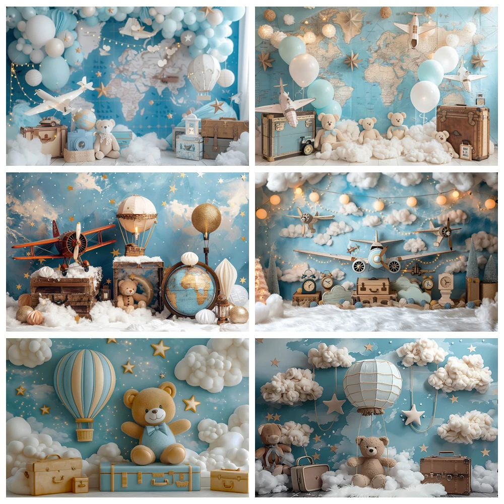 

Airplane Adventure Awaits Baby Kids Portrait Backdrop Blue Sky White Clouds Boys 1st Birthday Party Decor Photography Background