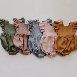 Romper com babados para menina, romper sem mangas, algodão e tecido de linho para recém-nascido, roupas de verão