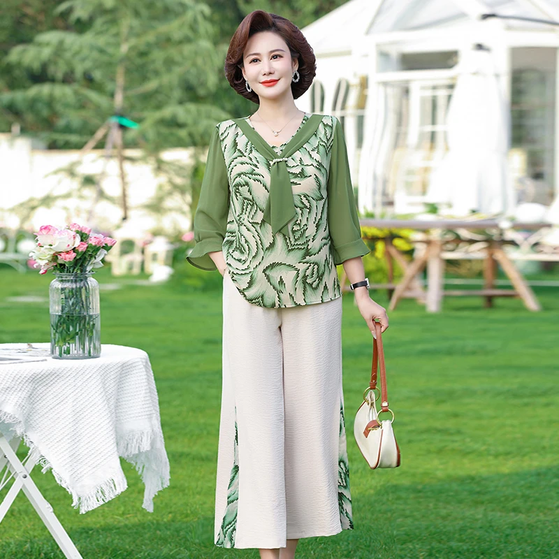 Middle-Aged Mother Summer Fashion Leisure Two-Piece Suit 40 Years Old 50 Years Old Wide Wife Simple Western Style Slim Suit