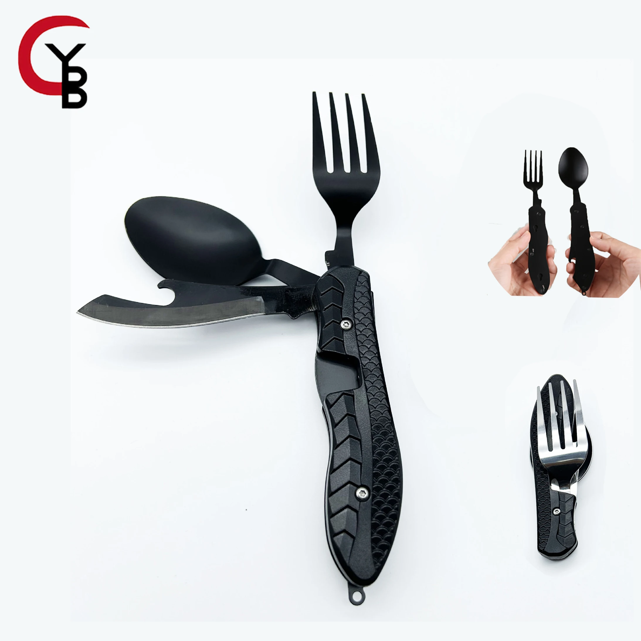 2 Pcs Camping Flatware, Stainless Steel Spoon Fork Knife Bottle Opener 4-in-1 Combo Utensil, Detachable Foldable Cutlery Set