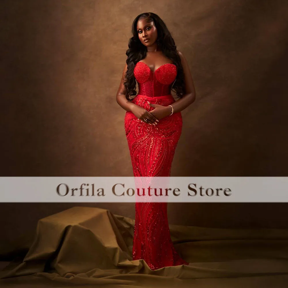 Sexy Red Prom Dresses Sweetheart Sequined Black Girls Mermaid Party Dress African Mermaid Evening Gowns Customized