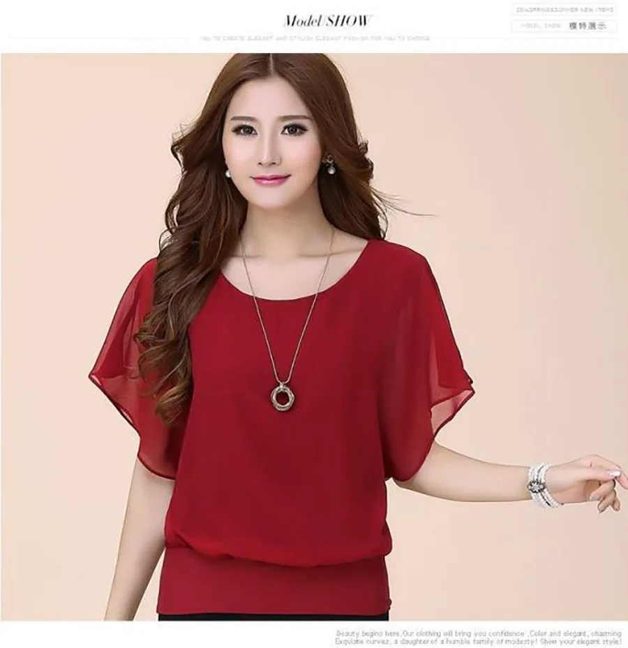 Women's Clothing Women Blouse New fashionable short sleeved T-shirt slimming bat sleeve chiffon loose top base shirts Blouses