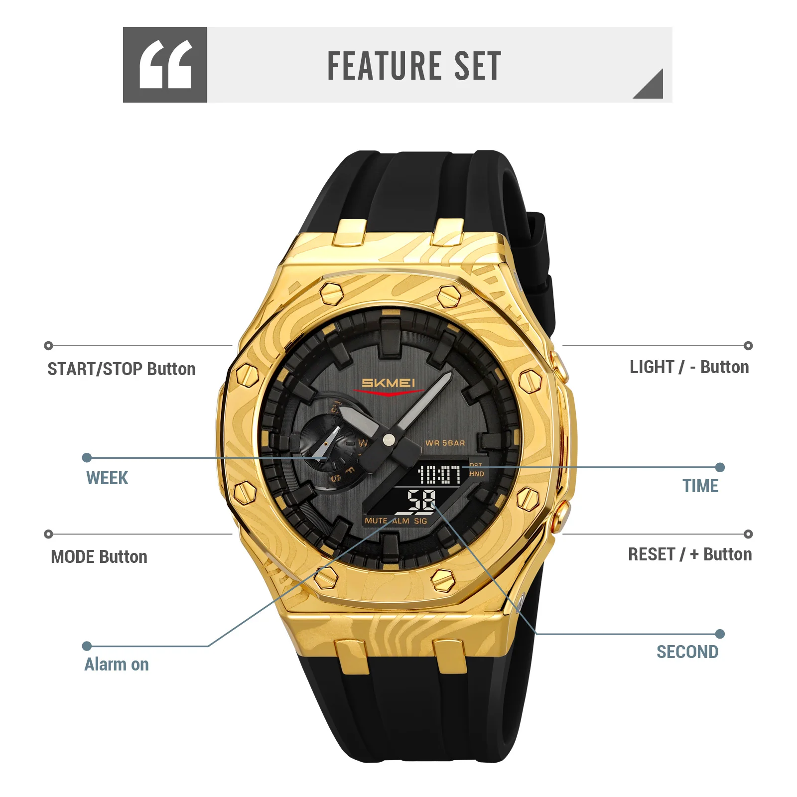 Skmei 2471 ضوء مزدوج شاشة ديجيتال كوارتز ساعات مقاومة للماء مع التقويم التناظرية ساعة توقيت توقيت المنبه LED ليلة #6