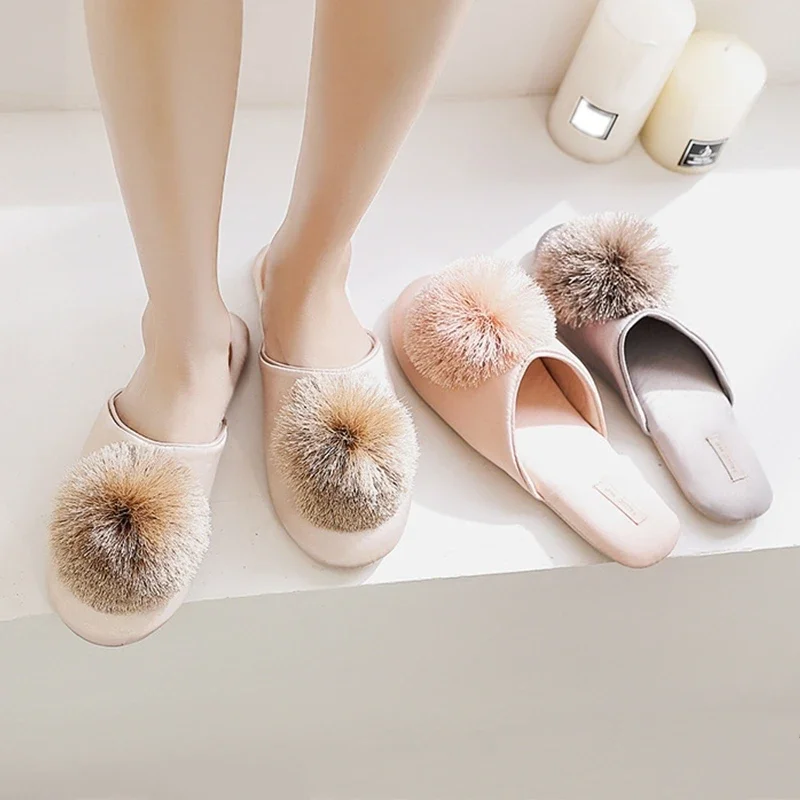 Women Satin Slippers House Elegant Tassel Hairball Comfortable Cloth Chic Ladies Flat Shoes Spring Luxury Champagne Women Slides