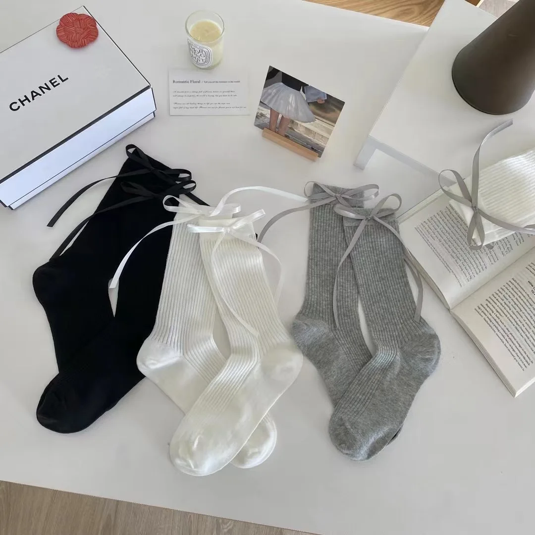 Women's Socks Spring Summer New Boneless Socks  Side Ribbon Bow Ribbon Vertical Thin Breathable Midtube Pile Sock Simple Fashion