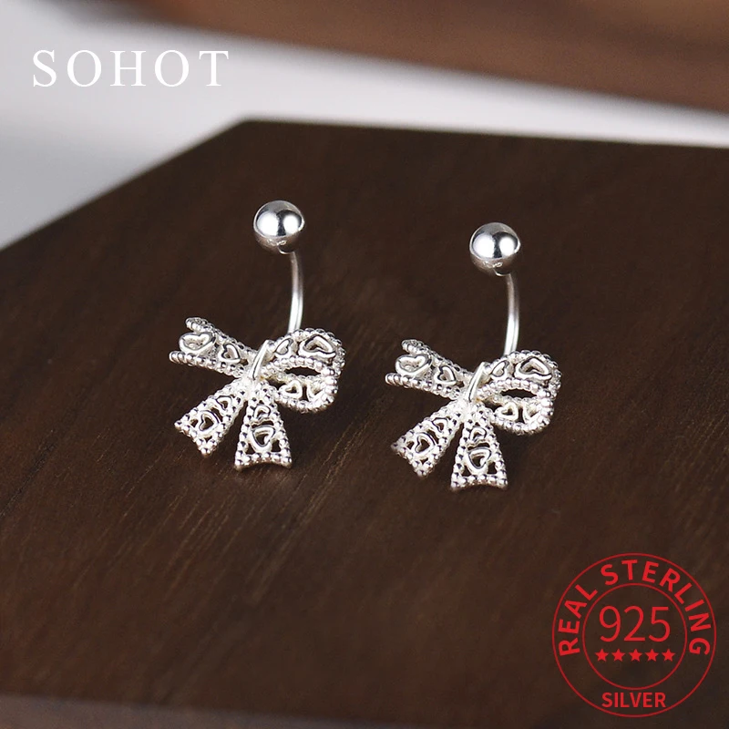 

Real 925 Sterling Silver Hollow Bowknot Piercing Screw Bead Stud Earrings for Women Cute Fine Jewelry Light Luxury Accessories