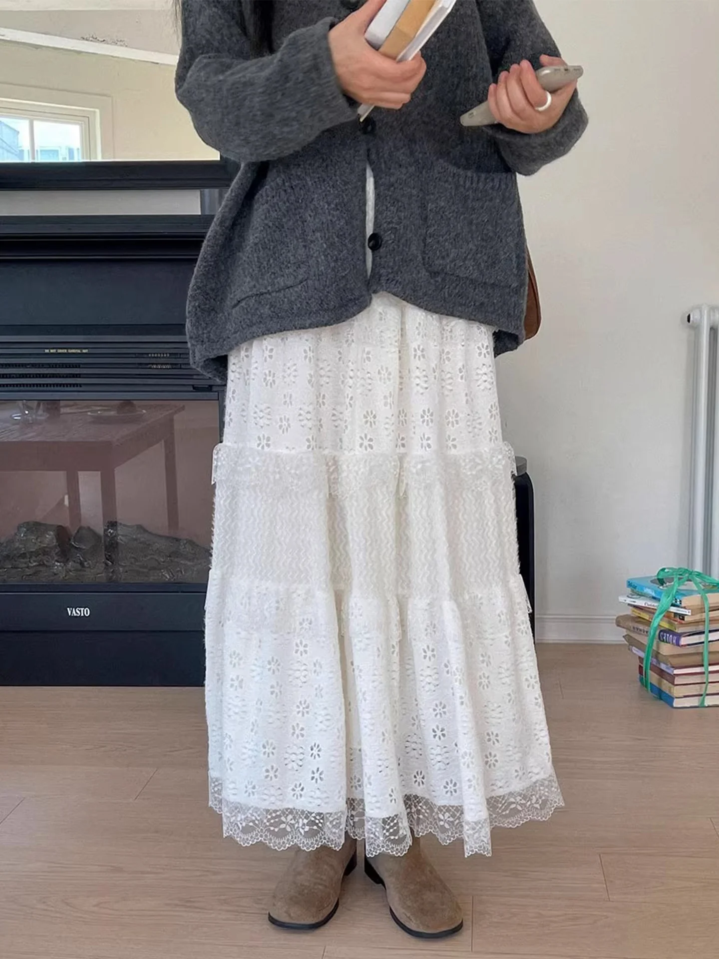 White Lace Hollow out Hook Flower Heavy Work f Skirt Women's Early Spring High Waist Slim Cake Long Skirt Korean Sle